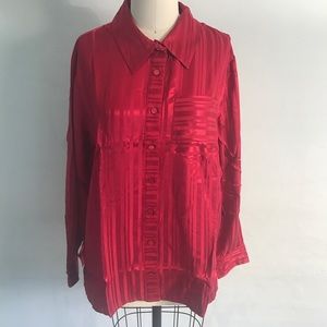 Bob Mackie QVC Red Striped Silk Button Up Blouse
